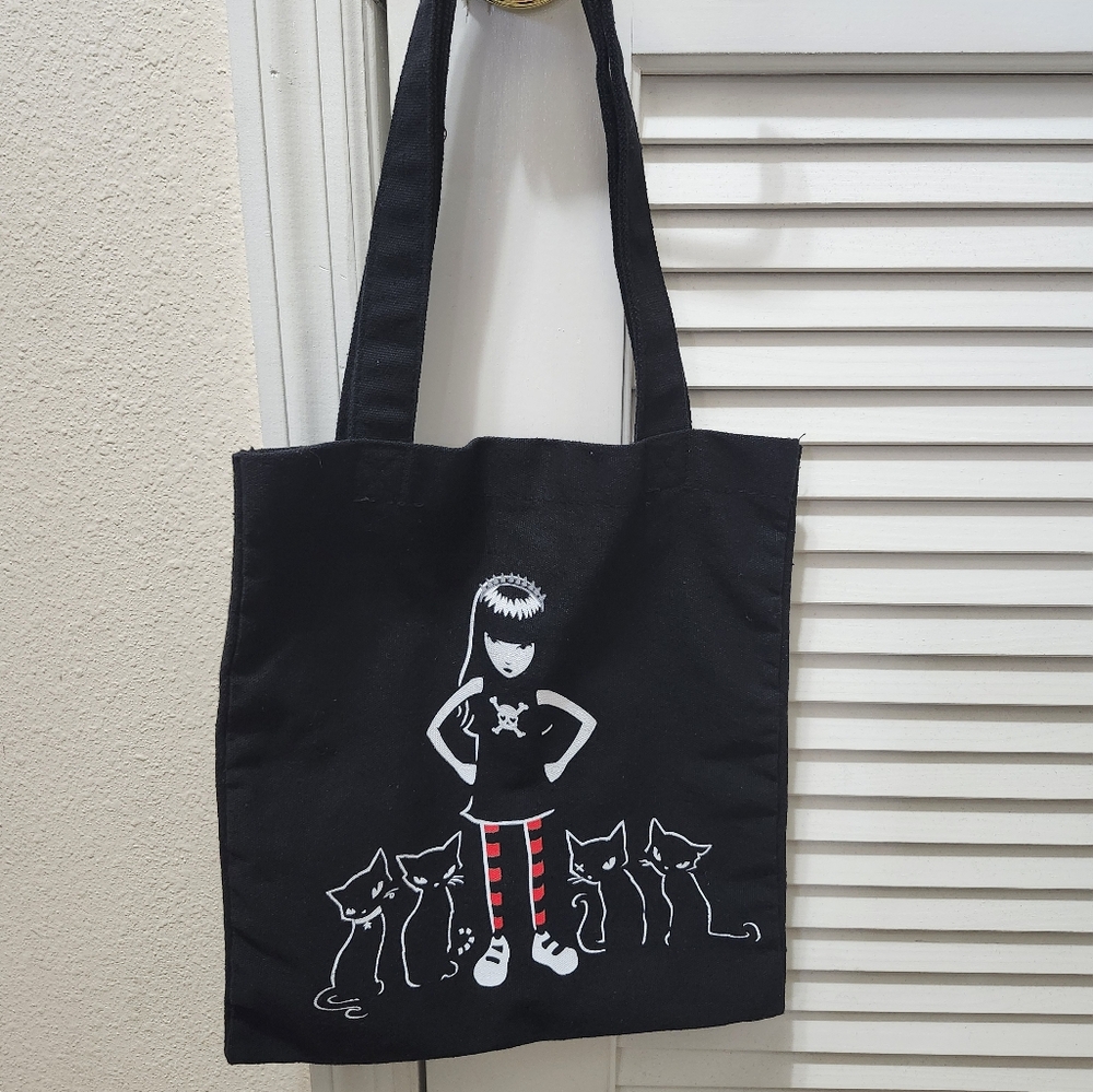 Black Tote Bag with Cat and Character Design